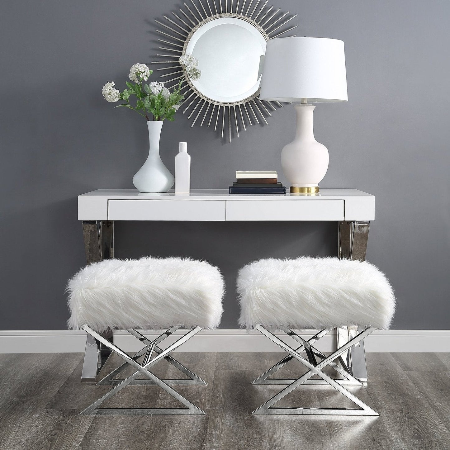 Aurora Faux Fur X-Leg Ottoman