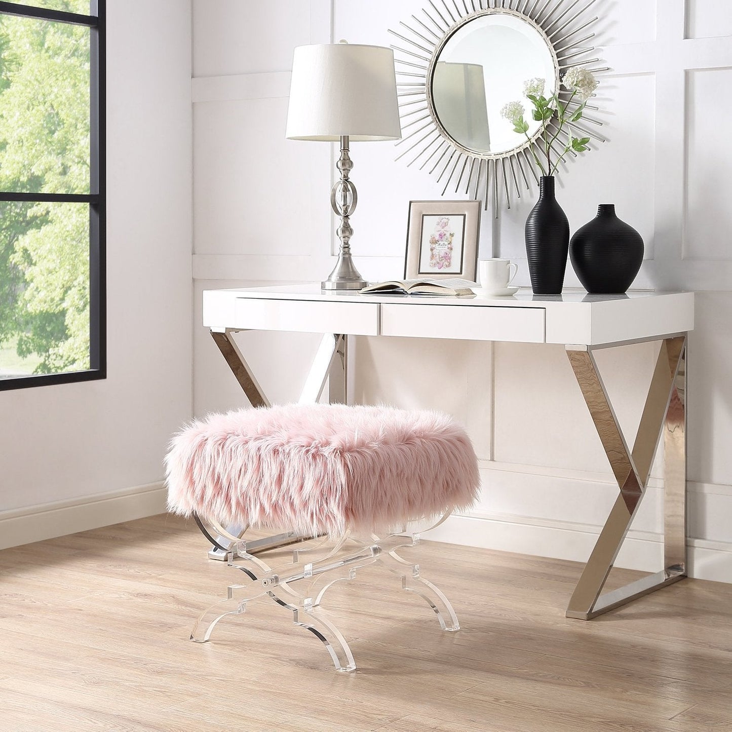 Giselle Faux Fur X-Leg Ottoman