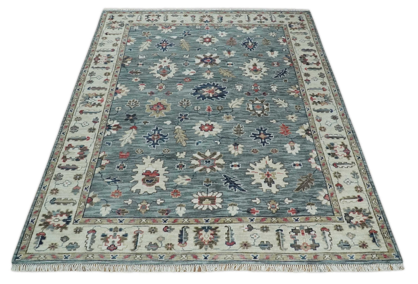 Antique look Gray Silver, Ivory and Beige Hand Knotted Traditional Oushak custom Made Wool Area Rug