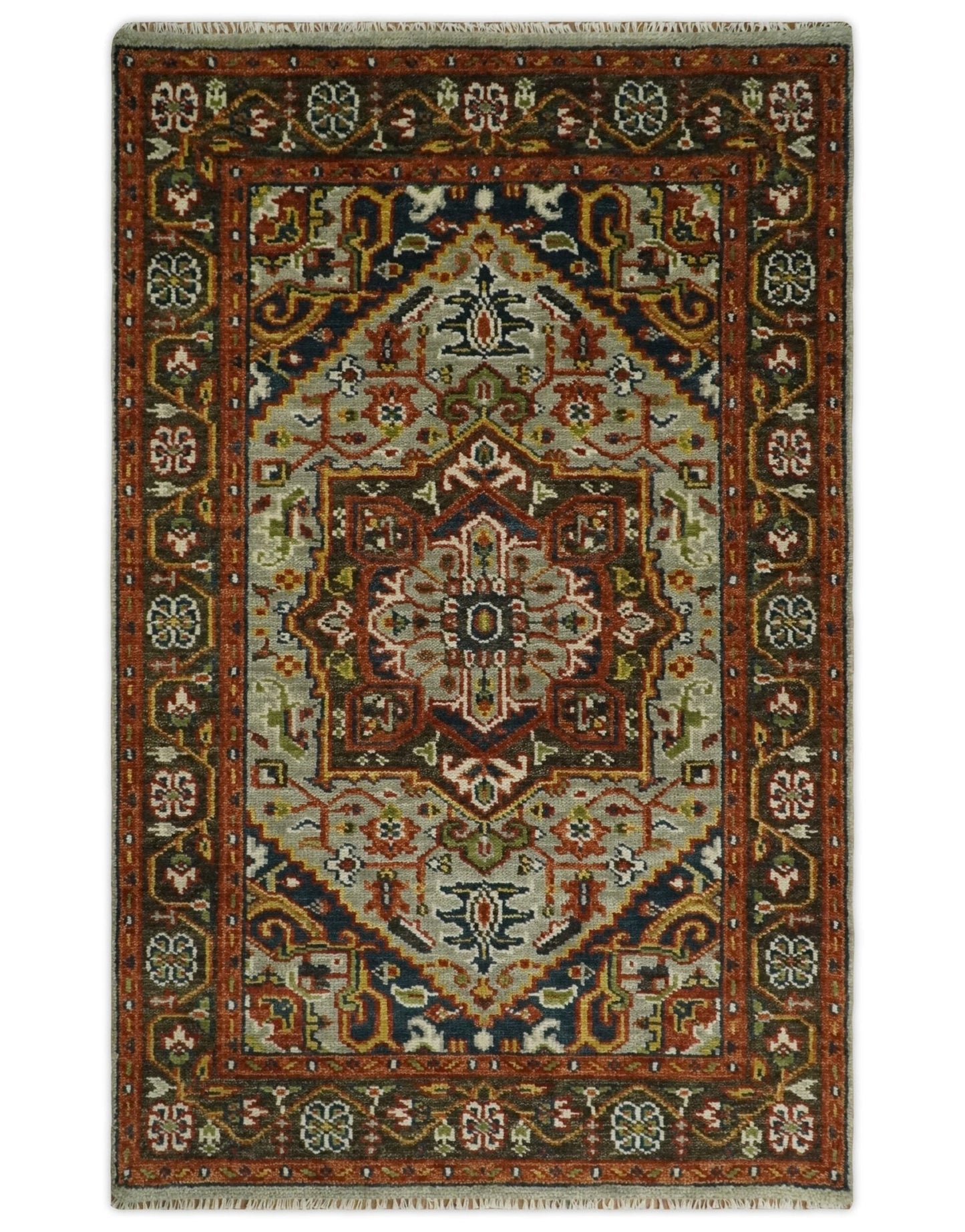 Blue and Brown Traditional Antique look Heriz Serapi Hand Knotted Custom Made wool Area Rug