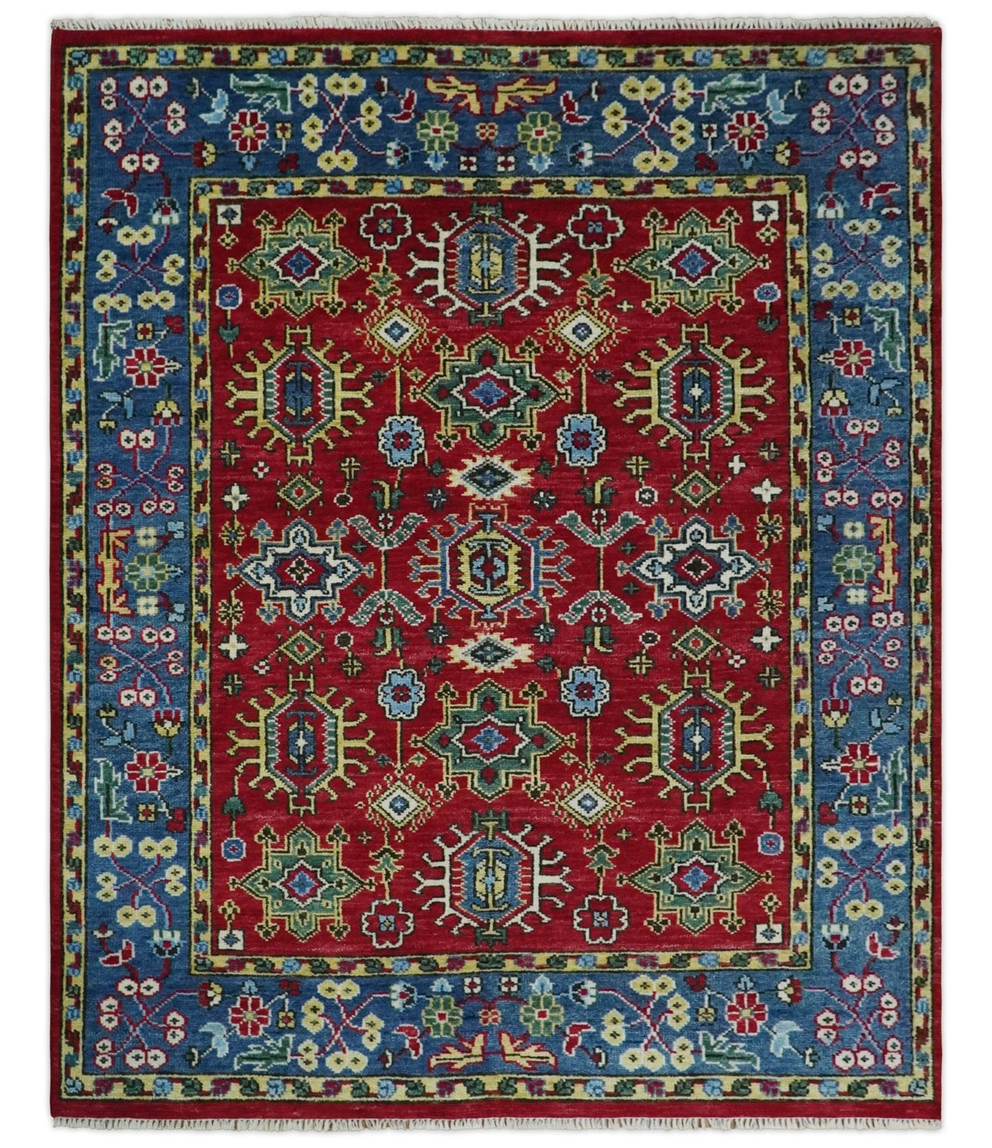 Custom Made Maroon and Blue Antique Turkish Kashgar Hand Knotted Red and Blue Traditional Oushak Wool Area Rug