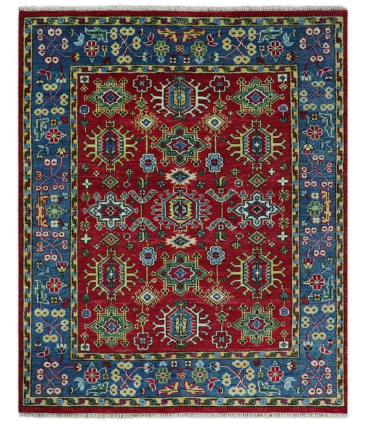 Custom Made Maroon and Blue Antique Turkish Kashgar Hand Knotted Red and Blue Traditional Oushak Wool Area Rug