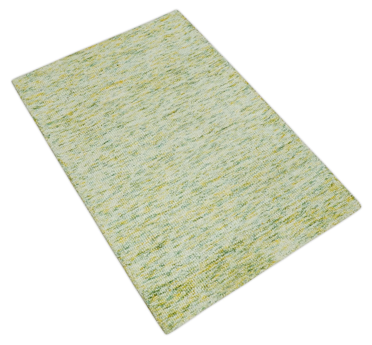Custom Made Solid Moss Green Ivory and Gold Abstract Hand Tufted Natural Wool Area Rug