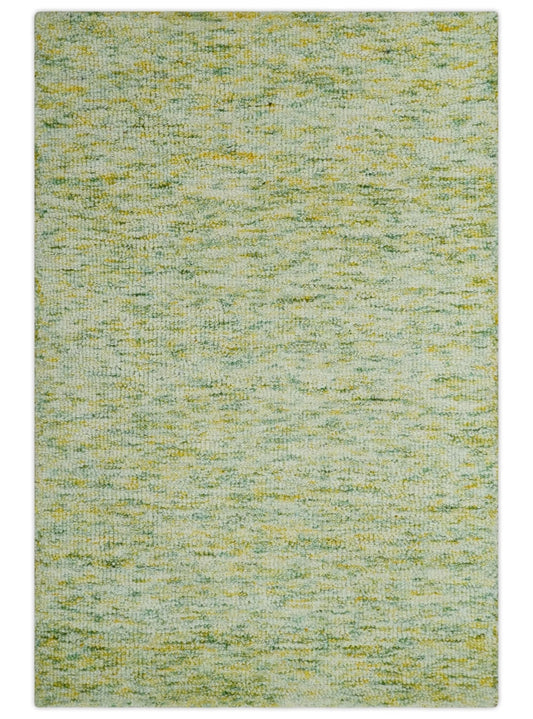 Custom Made Solid Moss Green Ivory and Gold Abstract Hand Tufted Natural Wool Area Rug