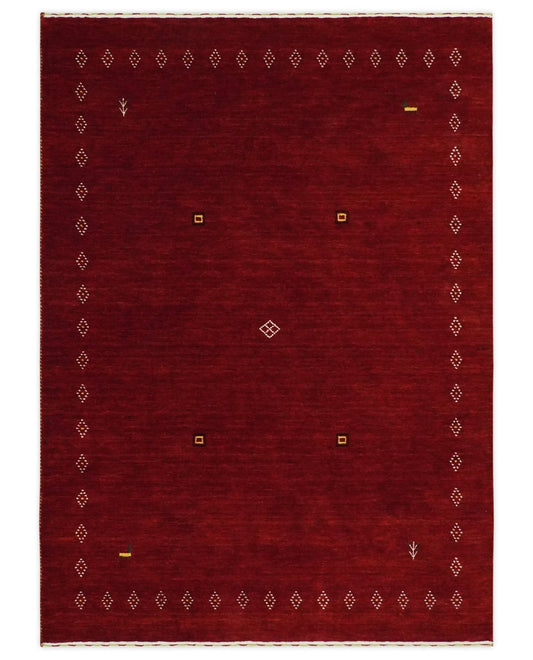 Solid Plain Maroon Geometrical Design Hand loom Custom made wool area Rug