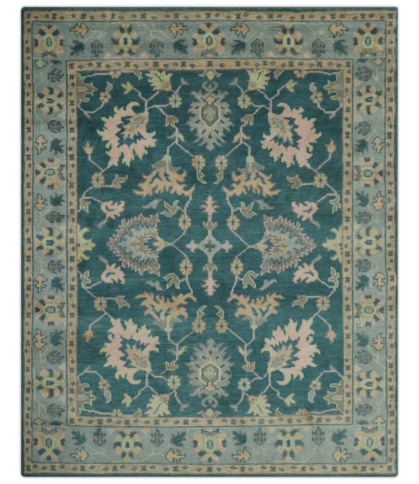 Teal, Gray and Beige Hand Knotted Traditional Oushak Custom Made wool Area Rug