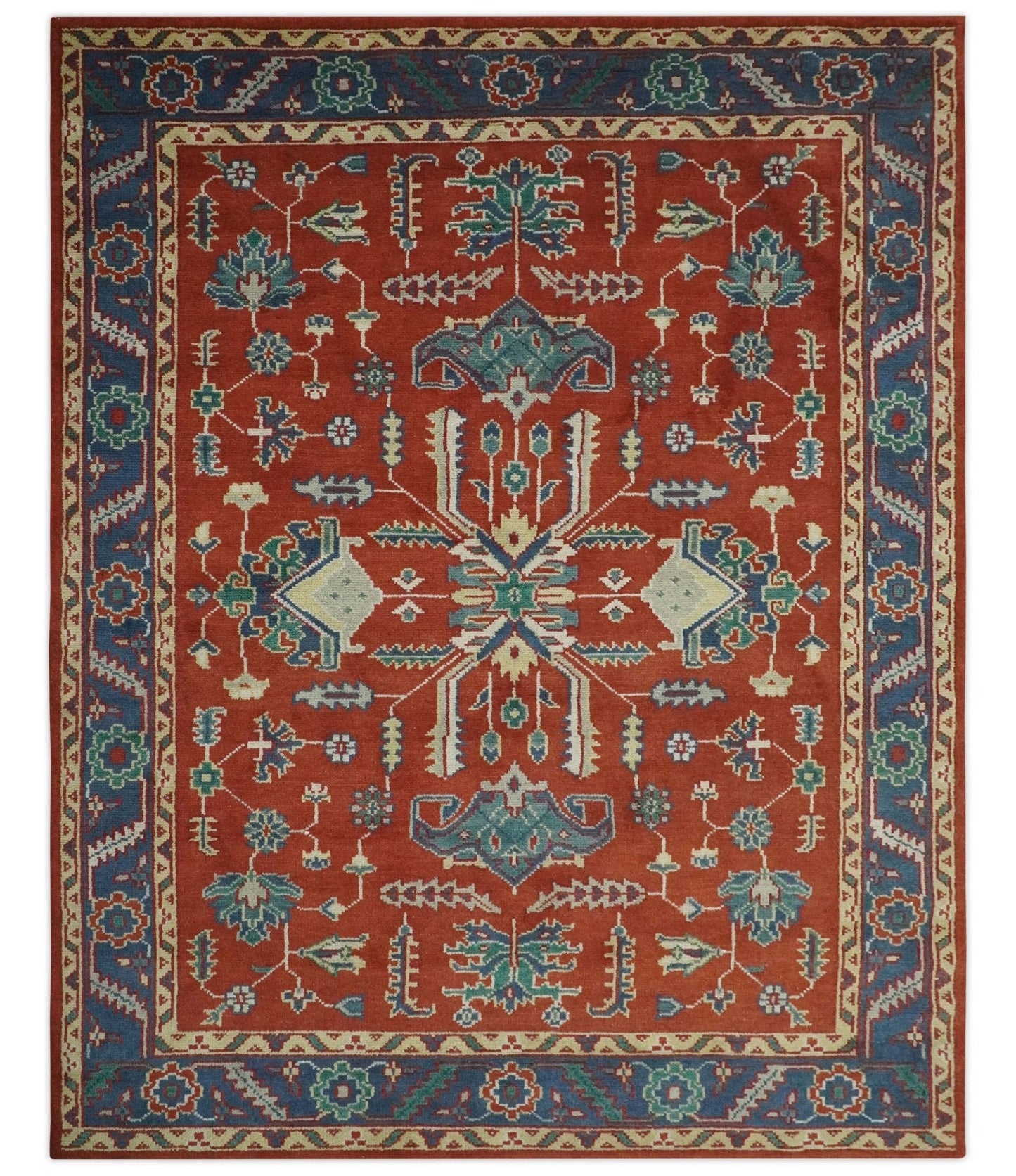 Traditional Floral Red, Blue, Beige and Green Hand Knotted Medallion Custom Made wool Area Rug
