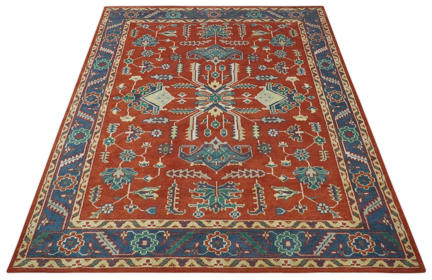 Traditional Floral Red, Blue, Beige and Green Hand Knotted Medallion Custom Made wool Area Rug