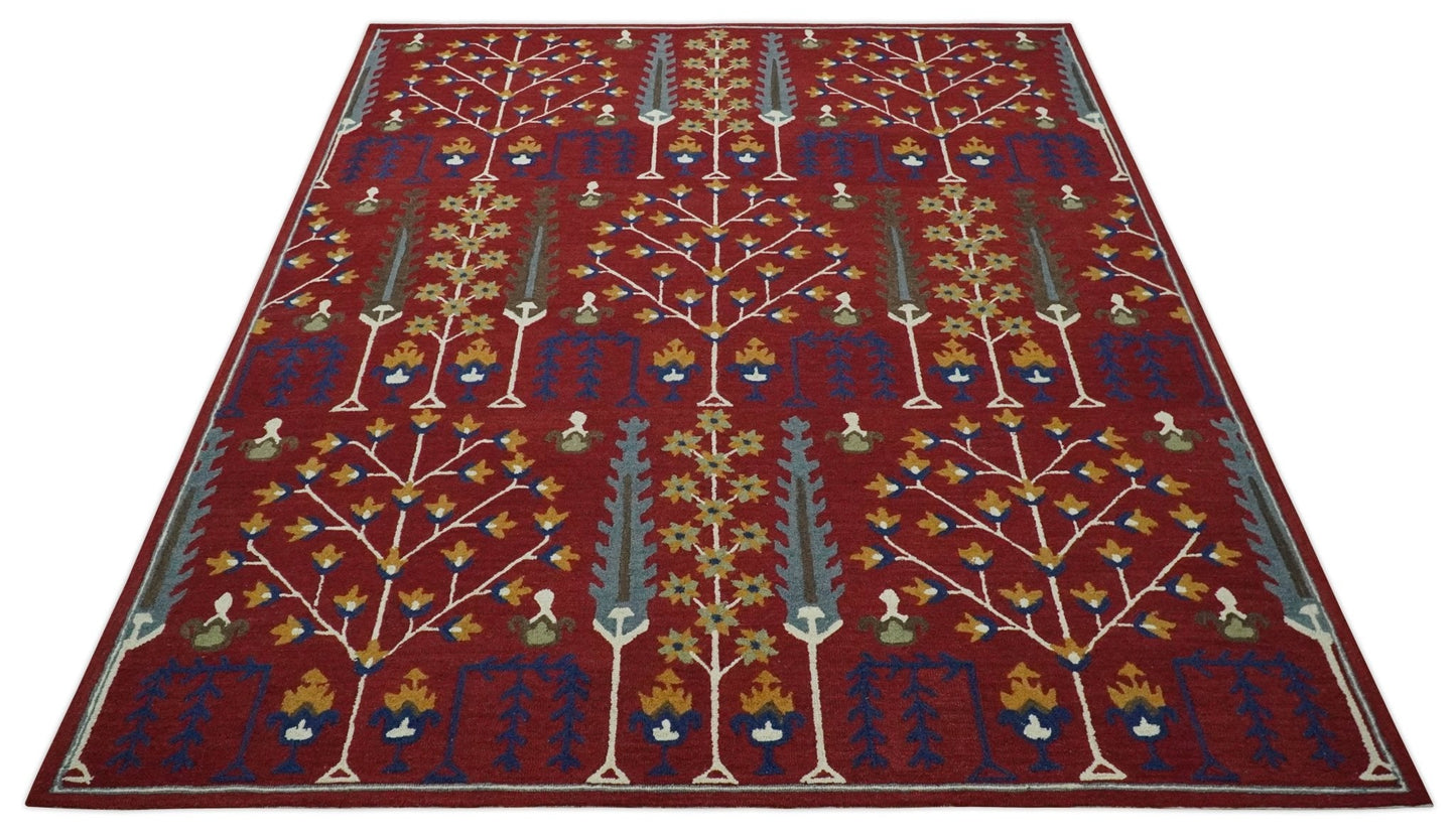 Tree of life Maroon, Blue and Gold Traditional Floral Hand Tufted Custom Made wool Area Rug