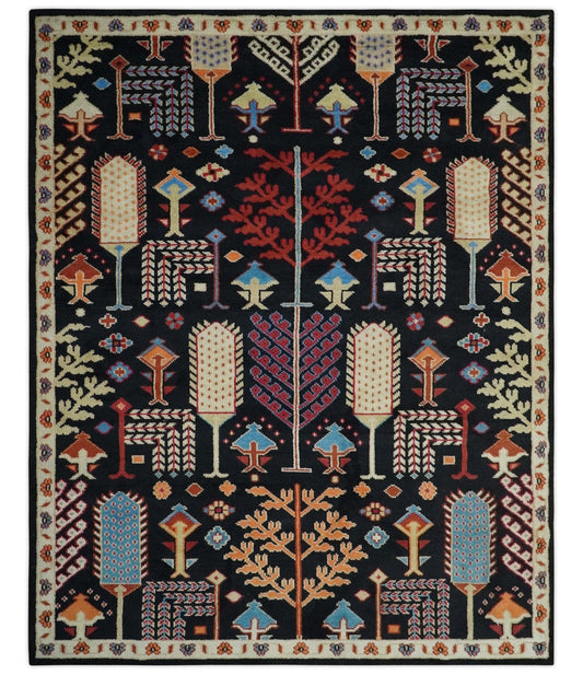 Tree of life Vibrant colorful Black, Beige, Peach and Blue Hand Knotted Traditional Oushak Custom Made wool area Rug