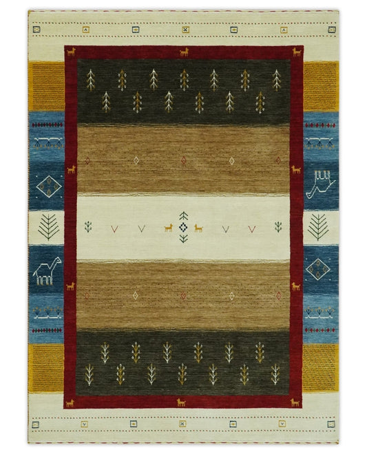 Tribal Gabbeh Gold, Ivory, Blue and Charcoal Stripes design Custom Made Wool Rug
