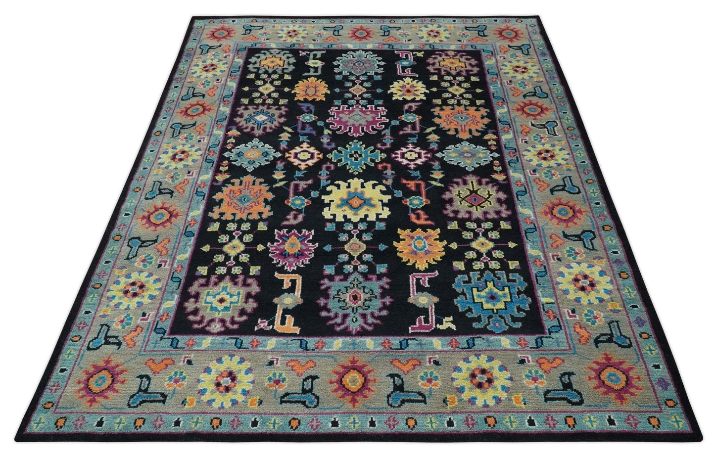 Vibrant Colorful Black, Beige, Purple and Blue Hand Knotted Traditional Oushak Custom Made wool Area Rug