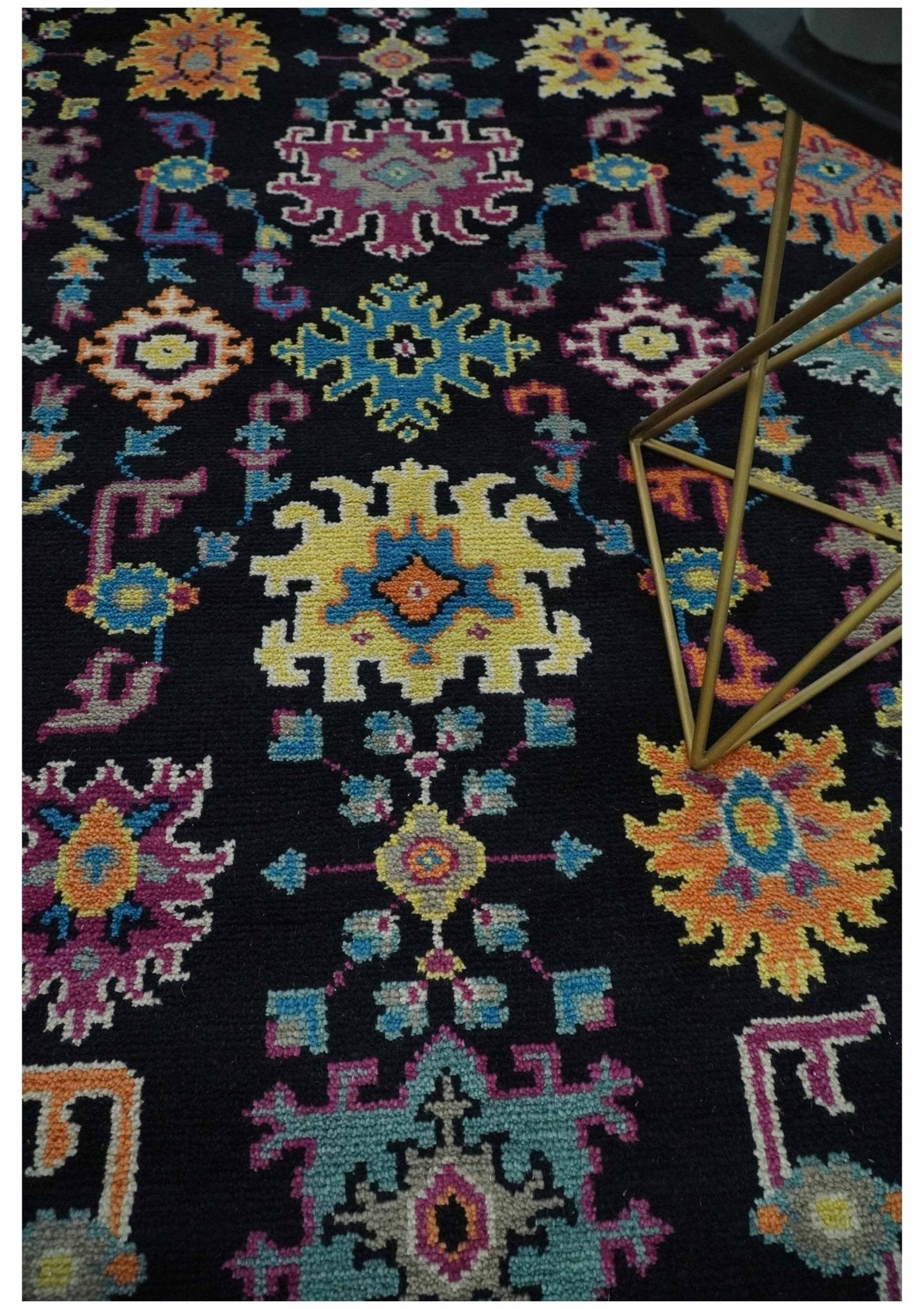 Vibrant Colorful Black, Beige, Purple and Blue Hand Knotted Traditional Oushak Custom Made wool Area Rug