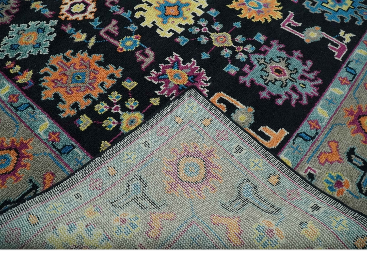 Vibrant Colorful Black, Beige, Purple and Blue Hand Knotted Traditional Oushak Custom Made wool Area Rug
