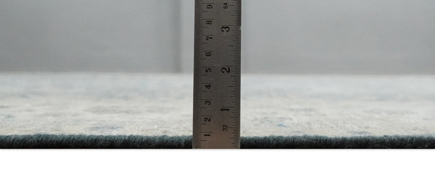 Custom Made Vintage Style Hand Knotted Traditional Blue and Beige Antique Textured Low Pile Distressed Wool Rug