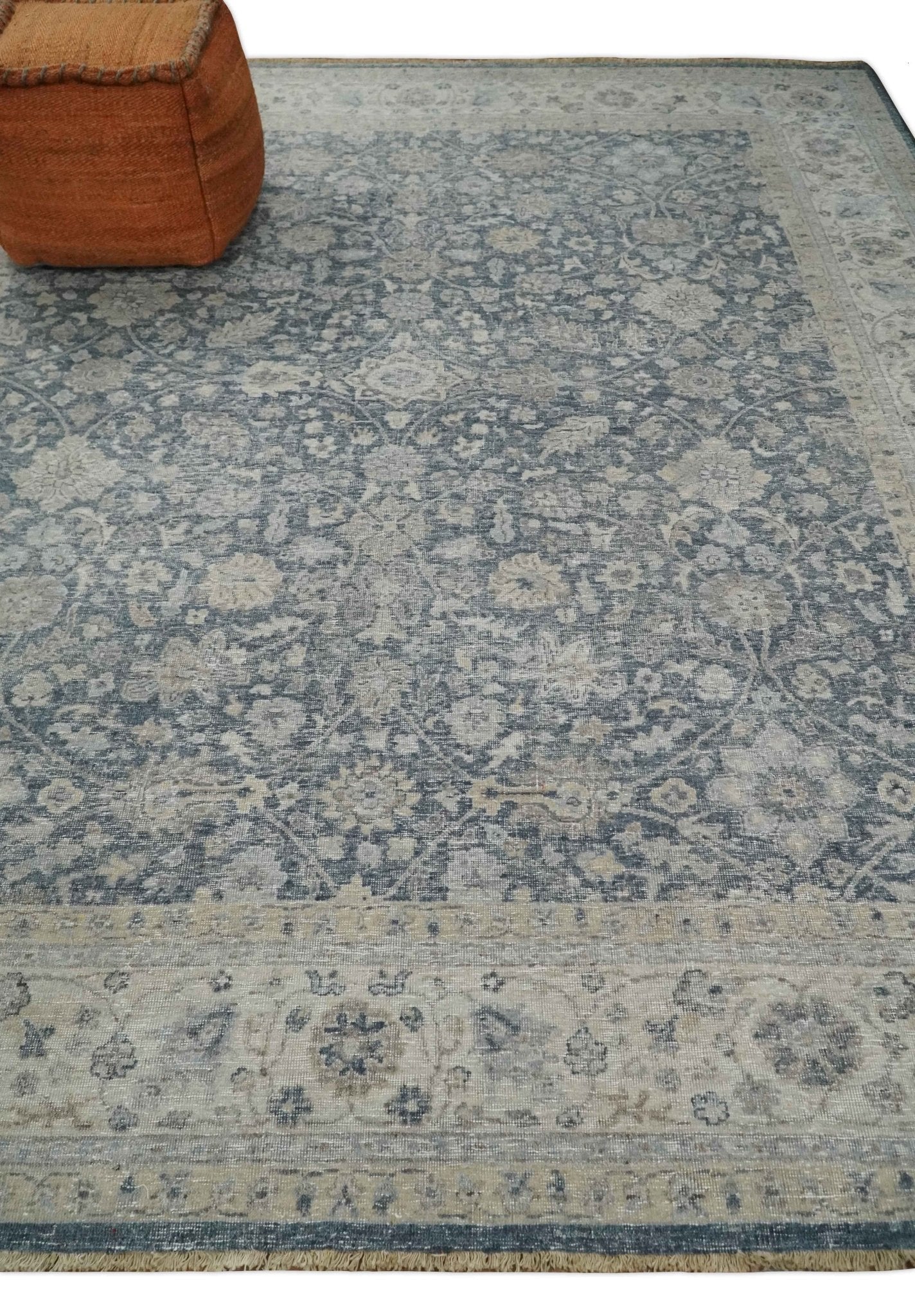 Custom Made Vintage Style Hand Knotted Traditional Blue and Beige Antique Textured Low Pile Distressed Wool Rug