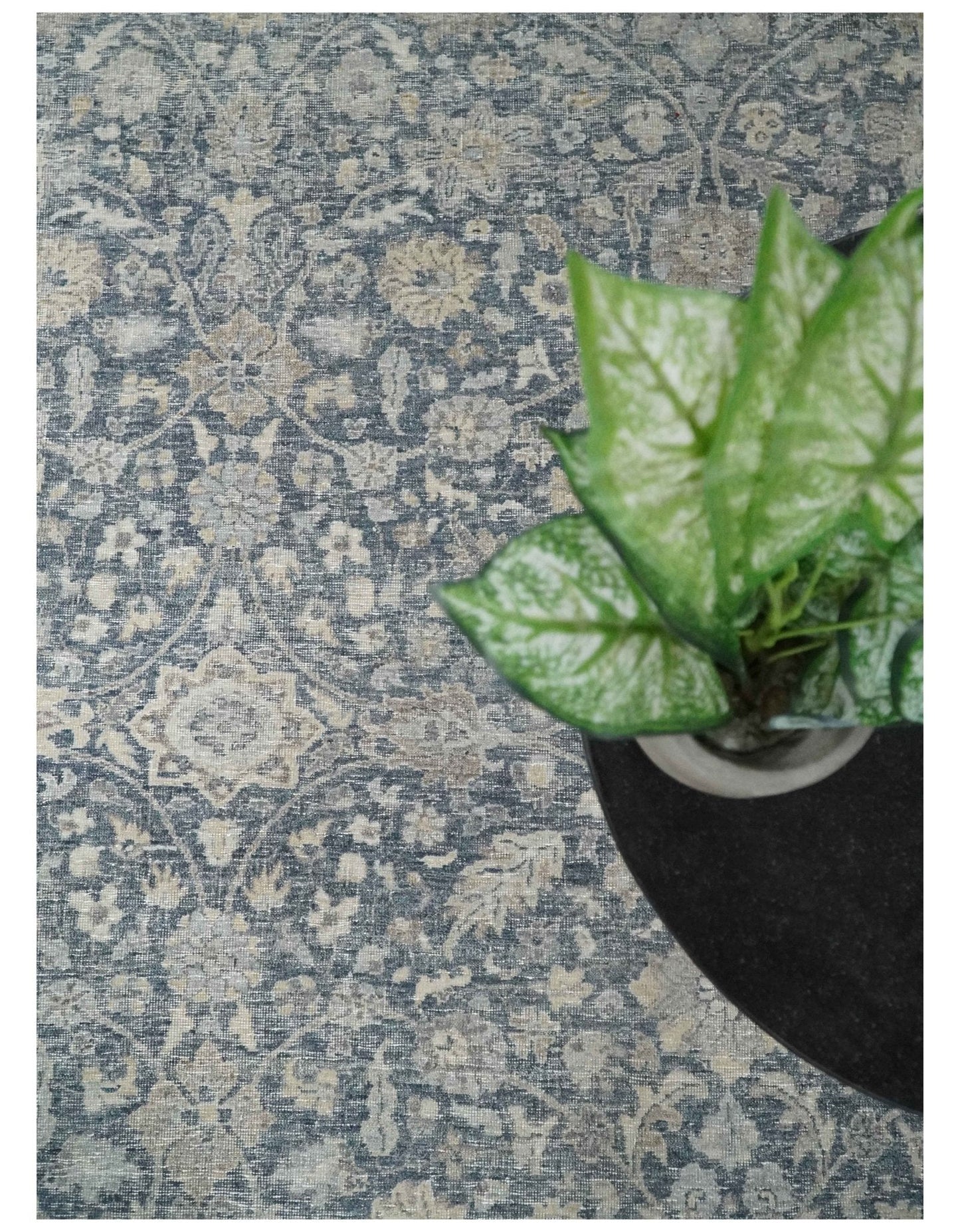 Custom Made Vintage Style Hand Knotted Traditional Blue and Beige Antique Textured Low Pile Distressed Wool Rug