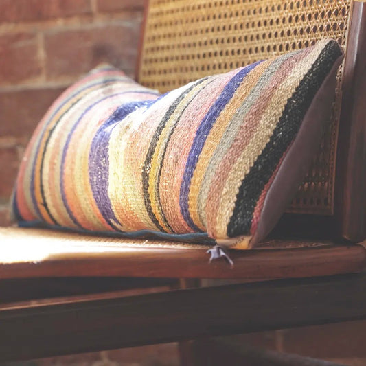 Woven Throw Pillow | Faded Stripes - Kilim & Leather Lumbar