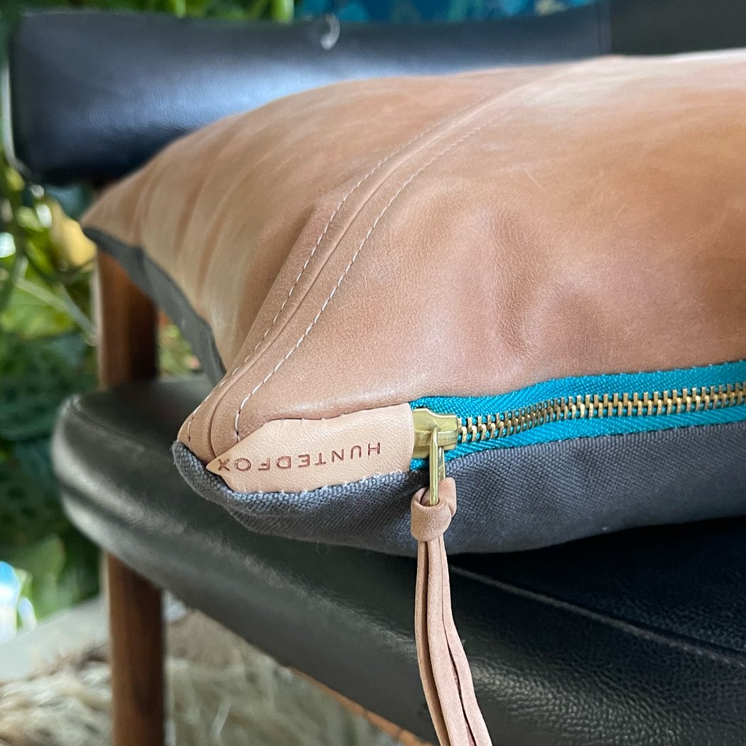 Warm Tan Leather Pillow - Genuine Tan Leather Accent