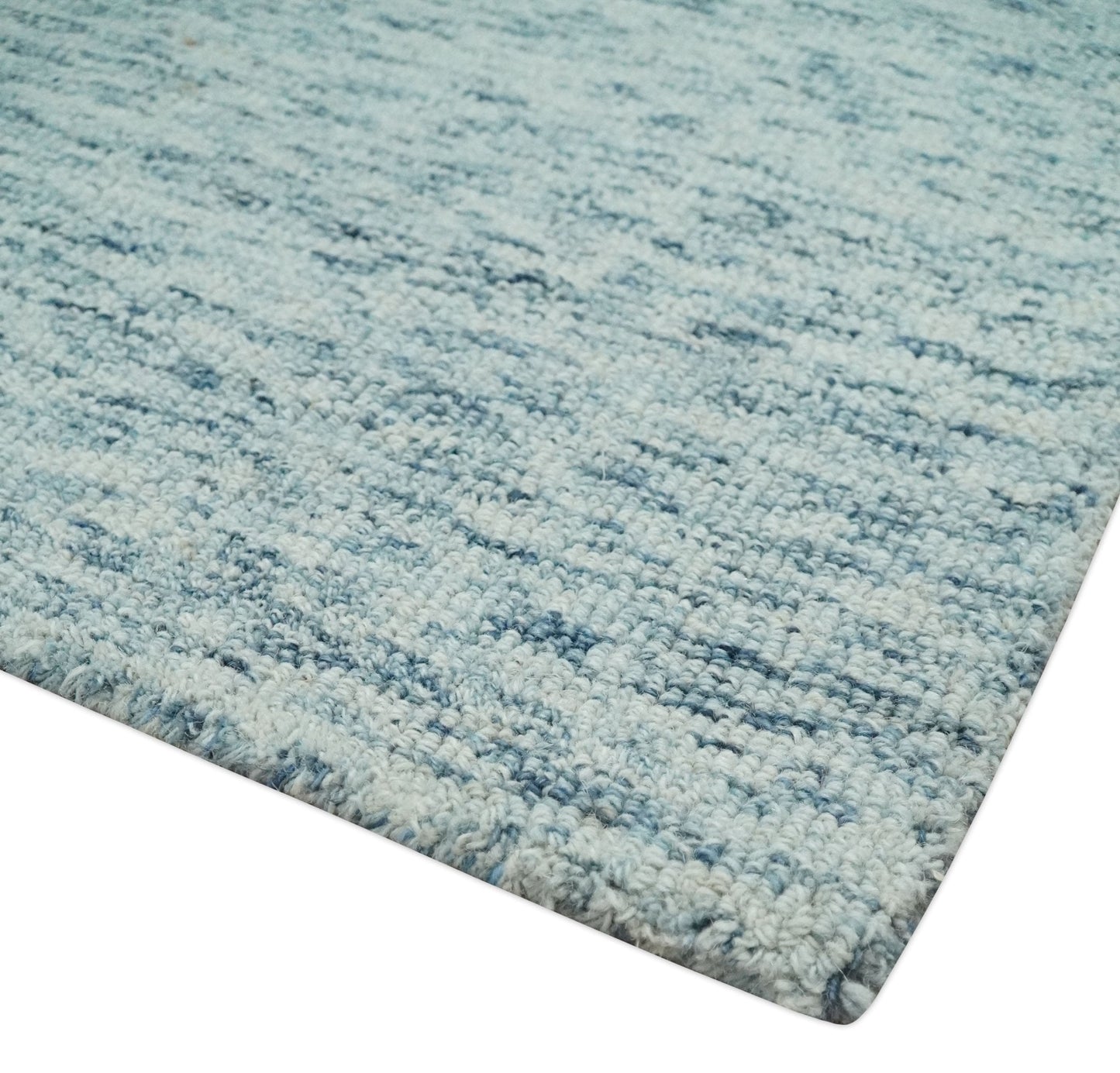 Custom Made Ivory and Blue Abstract Hand Tufted Natural Wool Area Rug