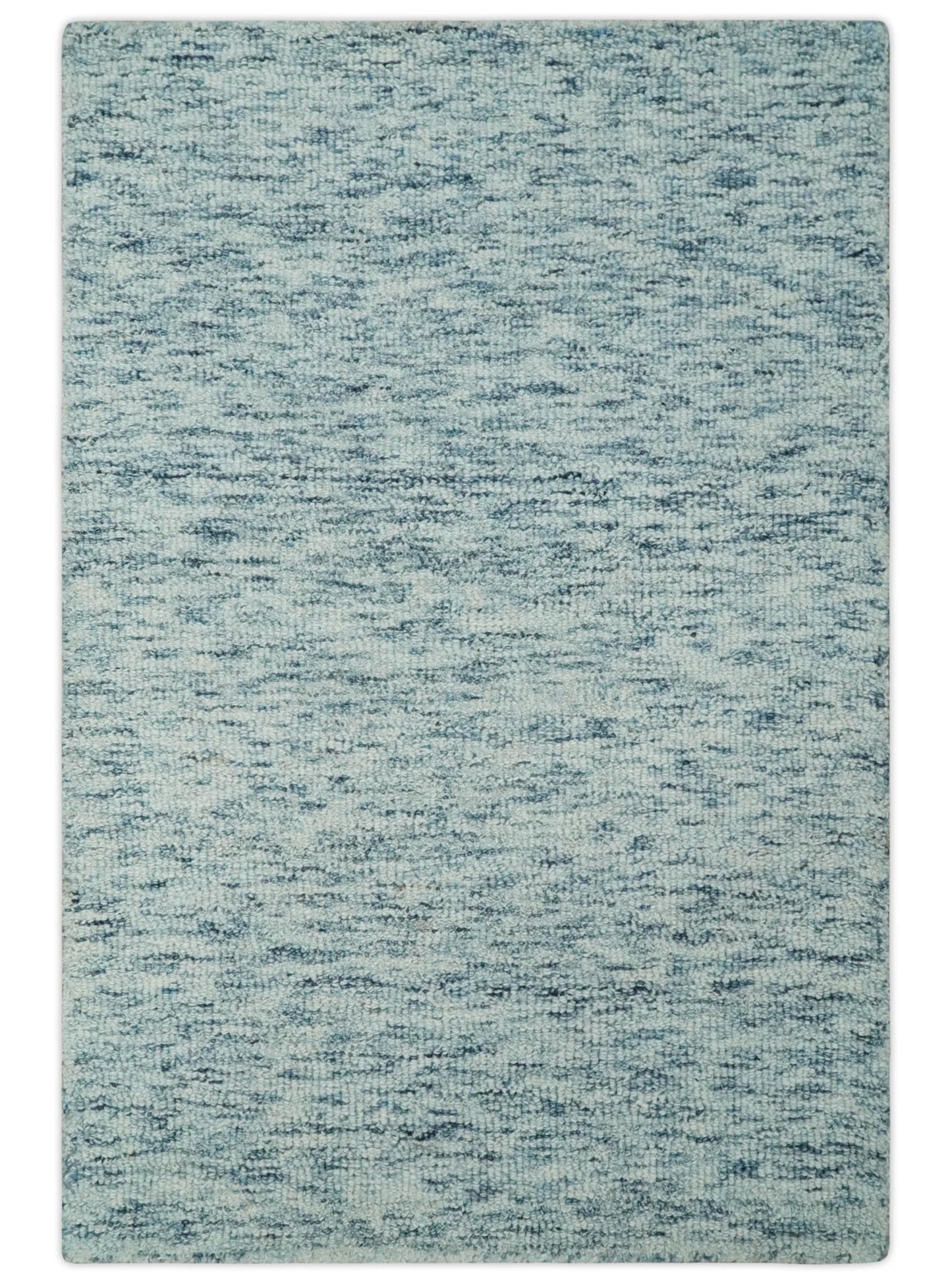 Custom Made Ivory and Blue Abstract Hand Tufted Natural Wool Area Rug