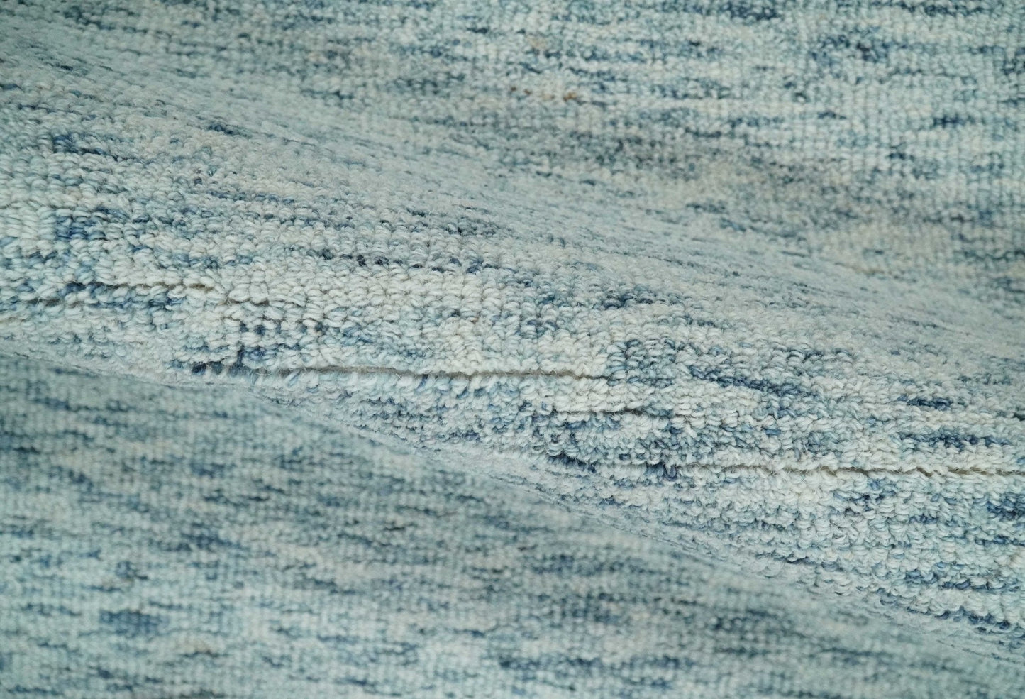 Custom Made Ivory and Blue Abstract Hand Tufted Natural Wool Area Rug