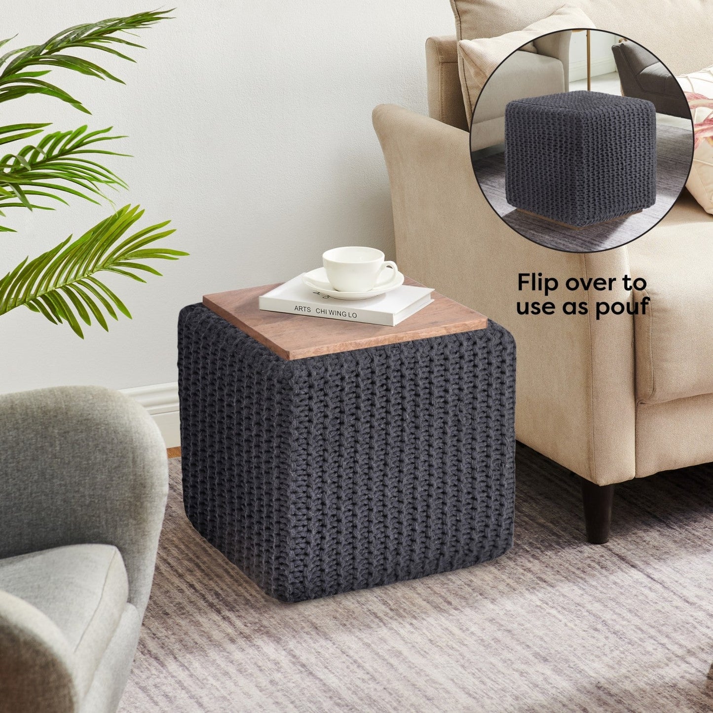 Amayah Pouf with Wooden Tray