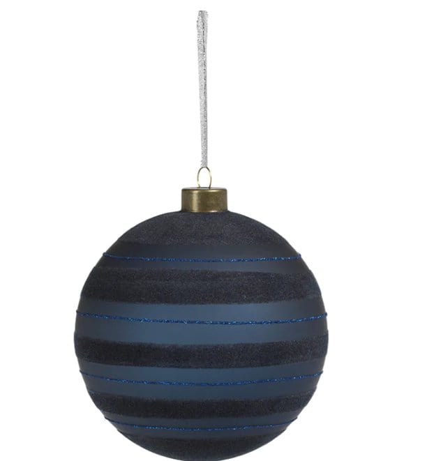 Blue Flocked Stripped Glass Ornament - Large