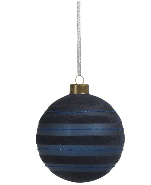 Blue Flocked Stripped Glass Ornament - Medium